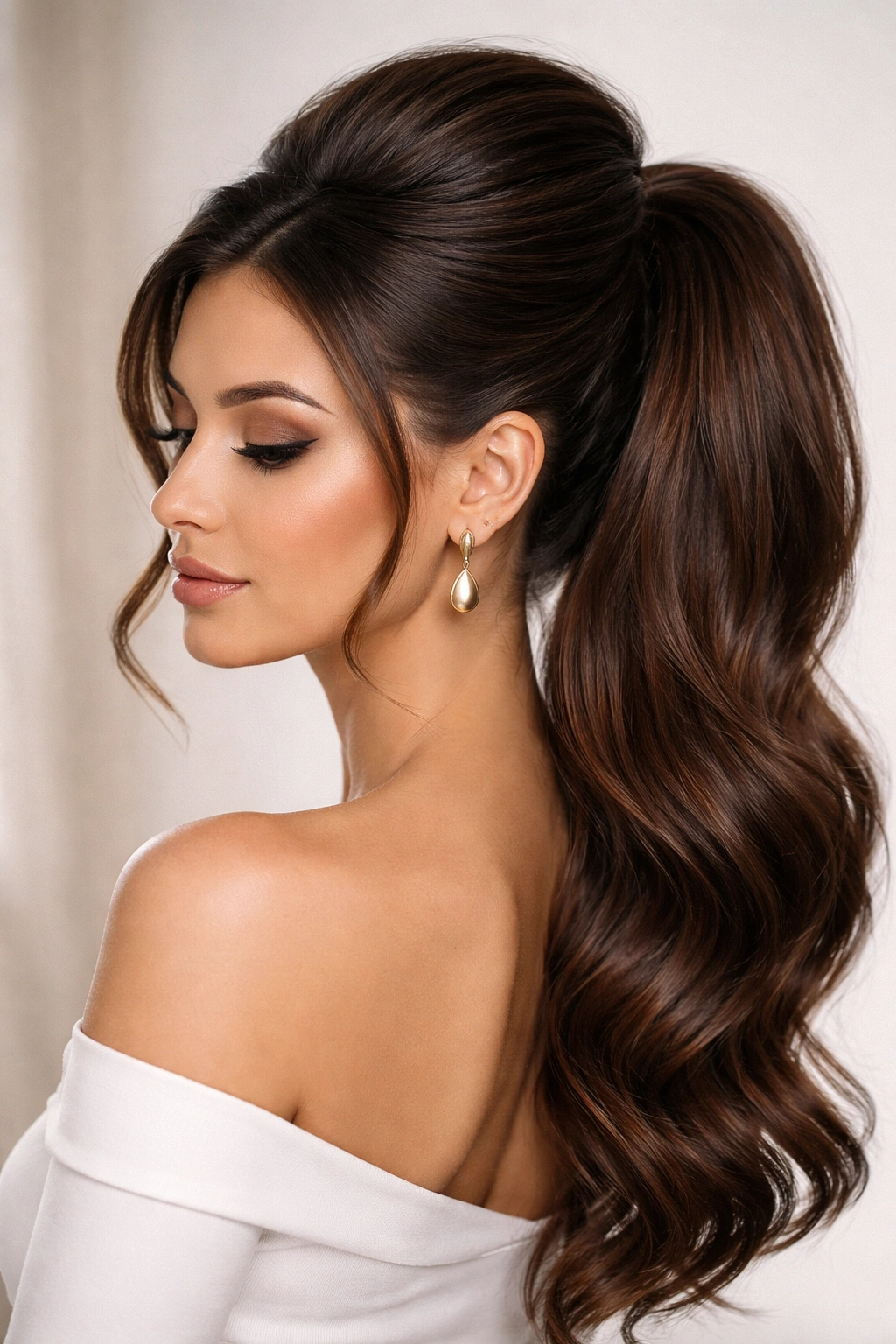 Close-up of crown puff weave pony with a dense crown and mid-height ponytail