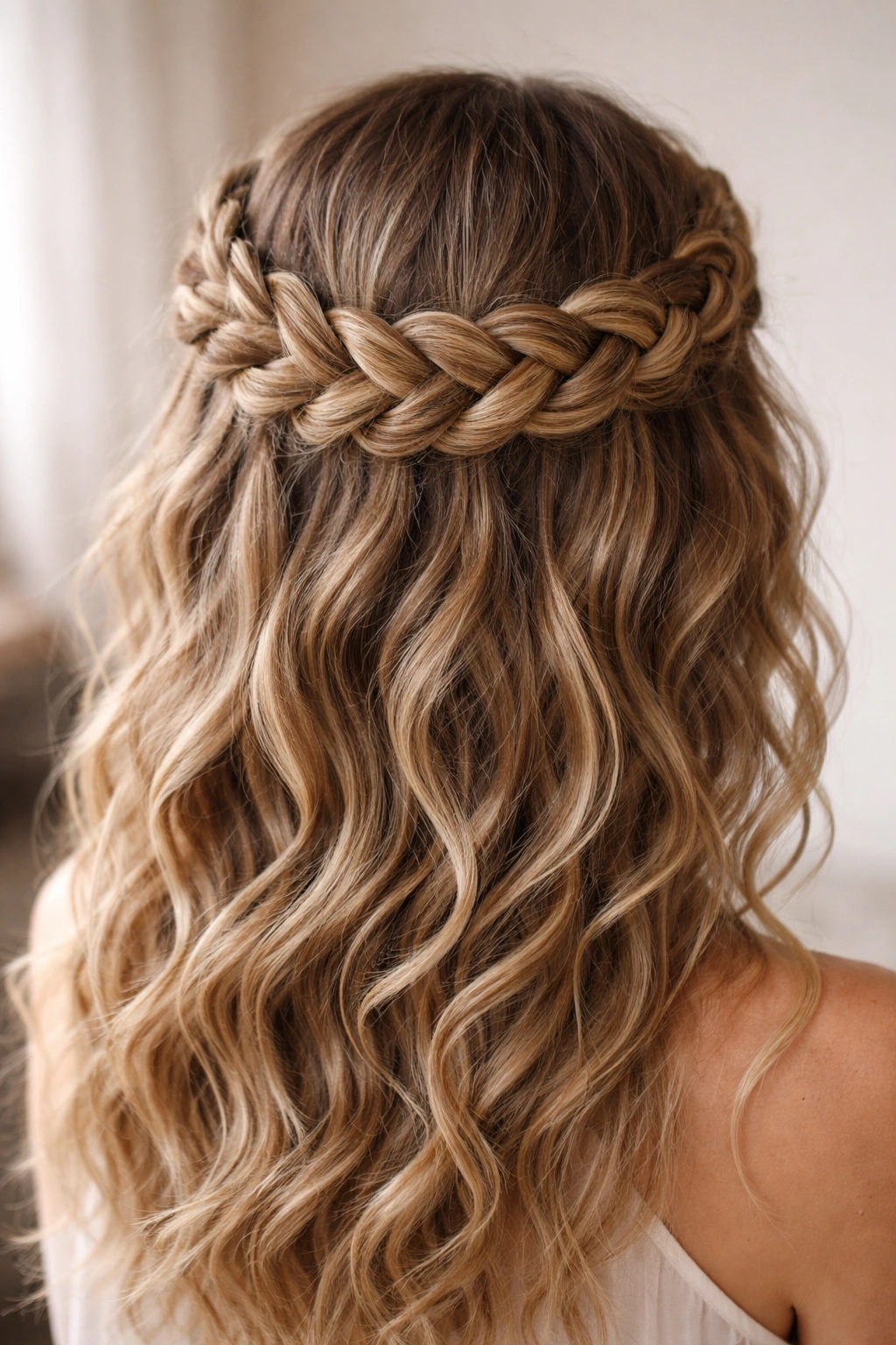 Crown reverse braid around the top of the head on waves