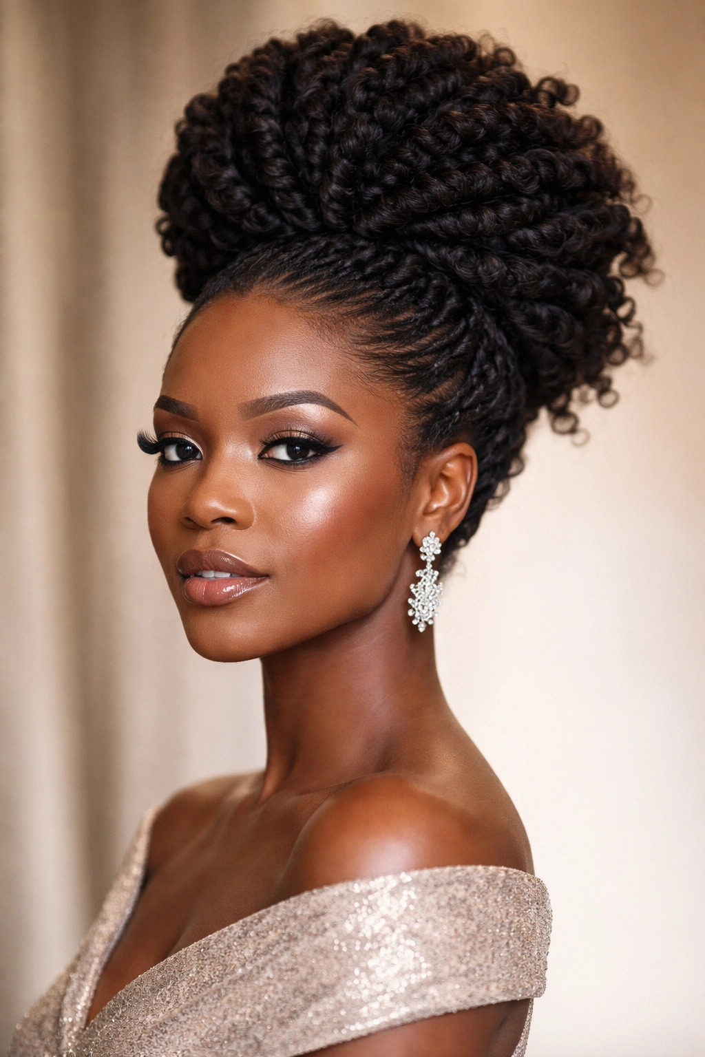 Close-up of a high volume crown twist afro hairstyle with dramatic height