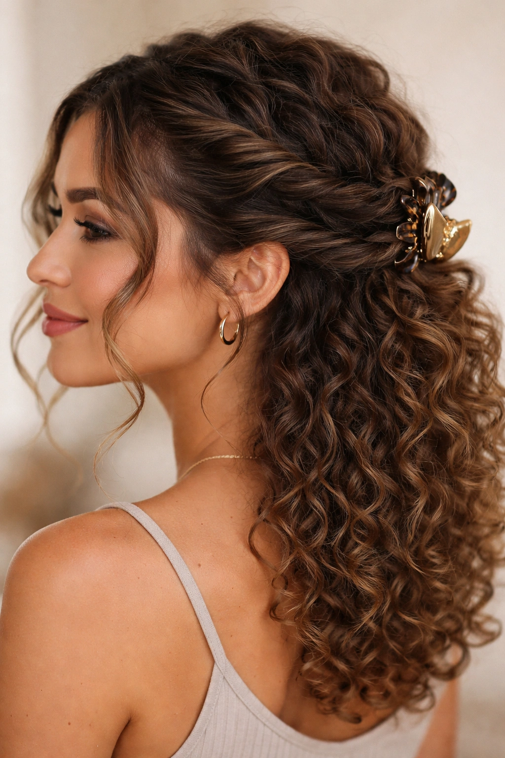 Two crown twists secured at the nape with a claw clip, framing the face