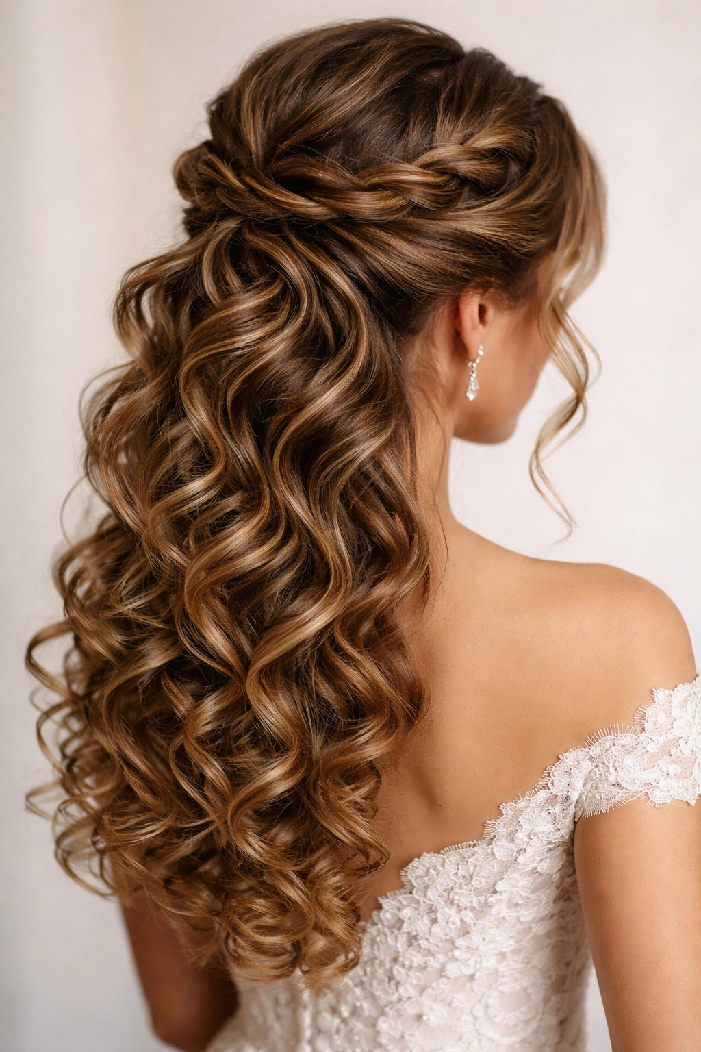 Profile view of a crown twist hairstyle with cascading curls down the back