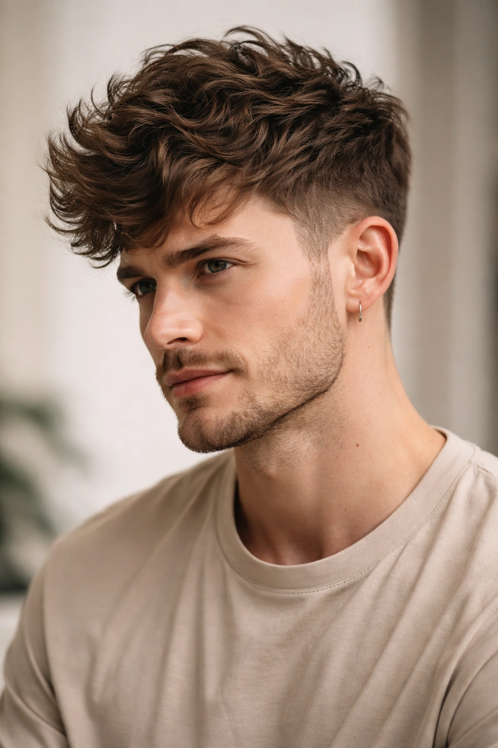 Head-and-shoulders portrait showing crown volume with shorter sides on wavy hair