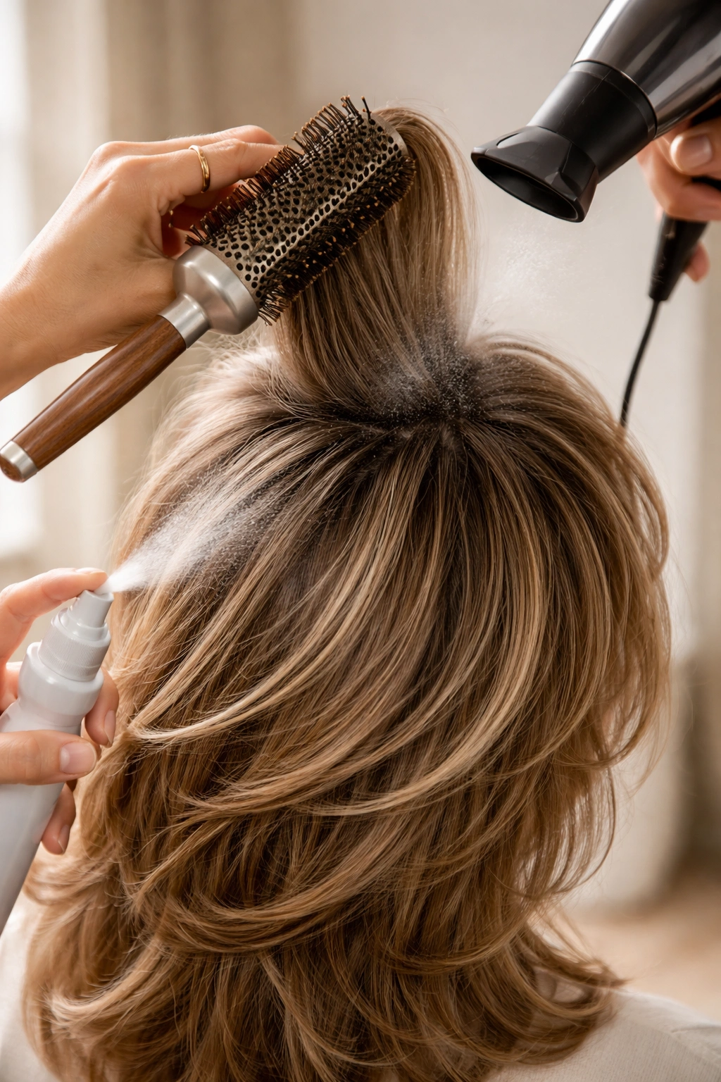 Hands styling crown volume with a round brush to elevate the silhouette
