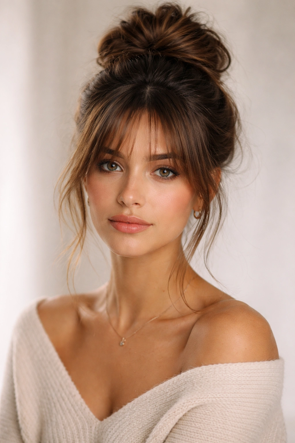 High undone crown bun with wispy bangs on a model in a minimalist studio setting