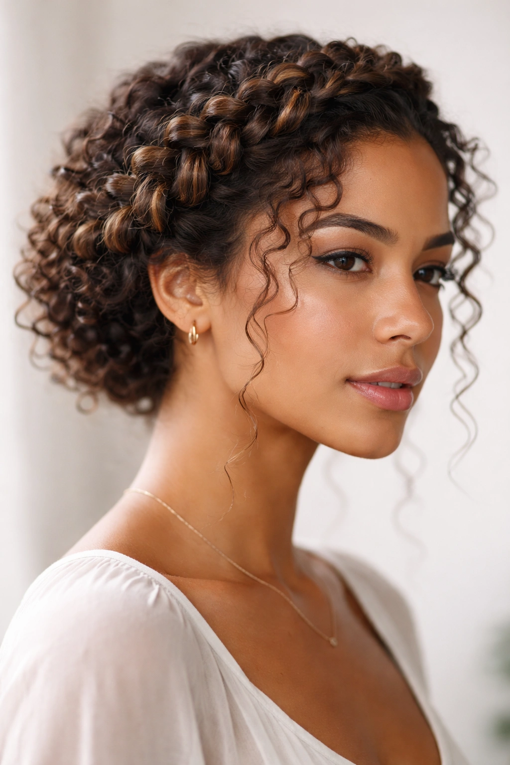 Crowned braid around head with curls woven through