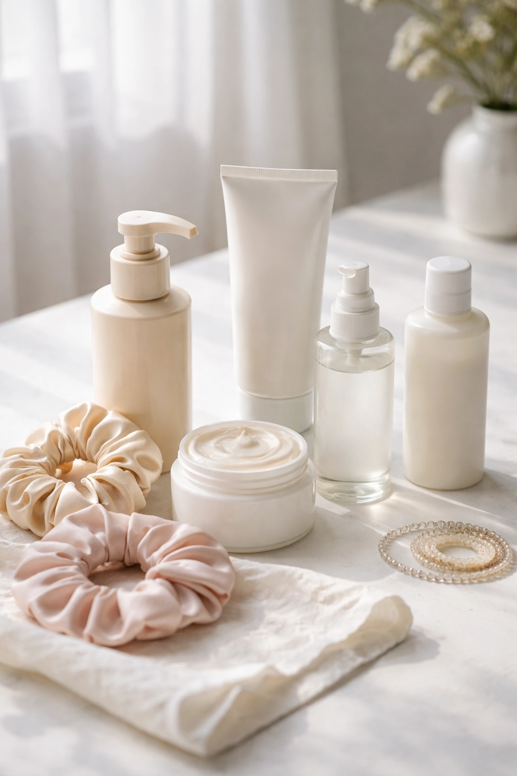 Unlabeled curl-friendly hair product bottles arranged for curly bun styling