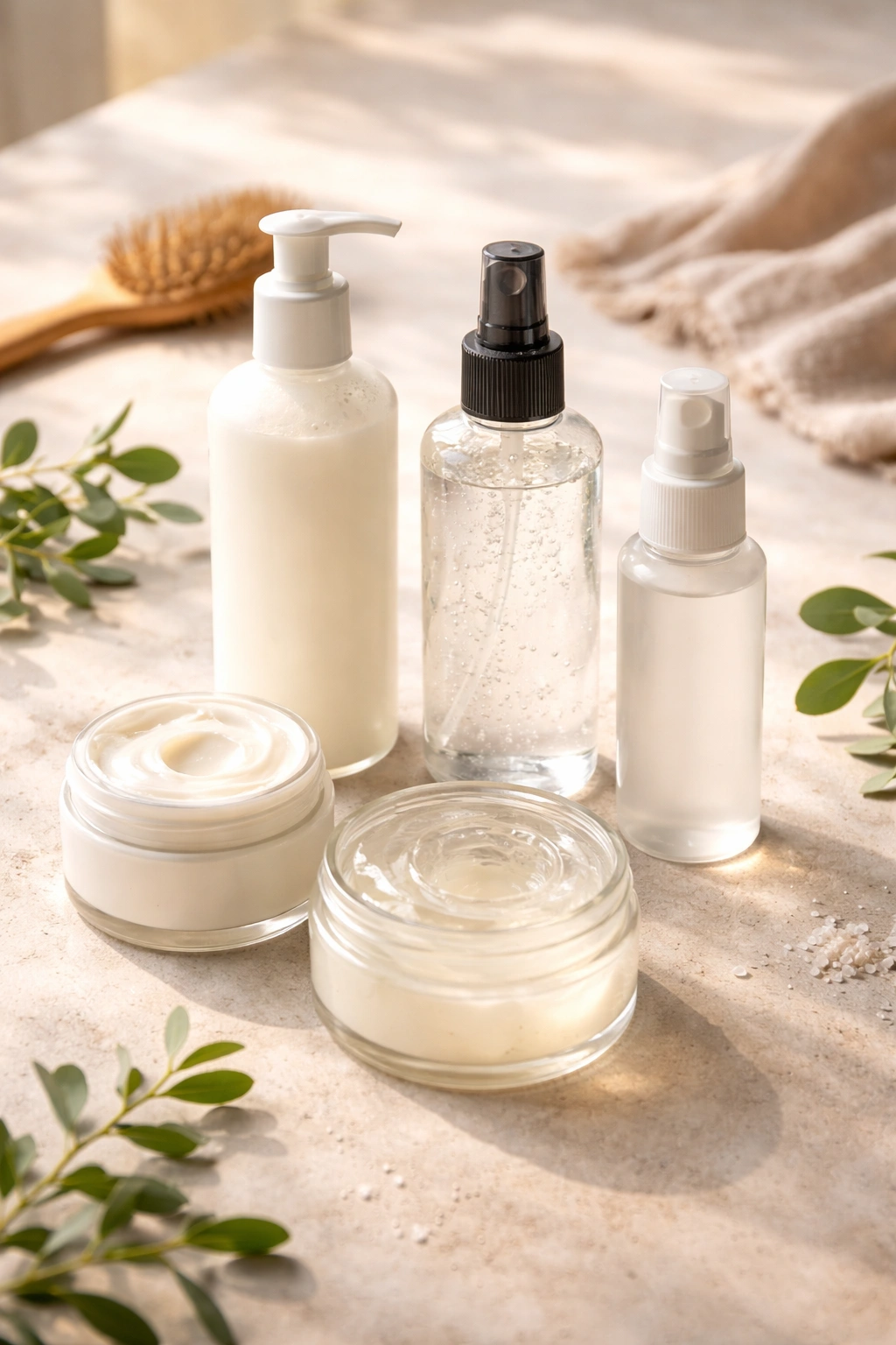 Row of unlabeled curl care bottles on a clean surface