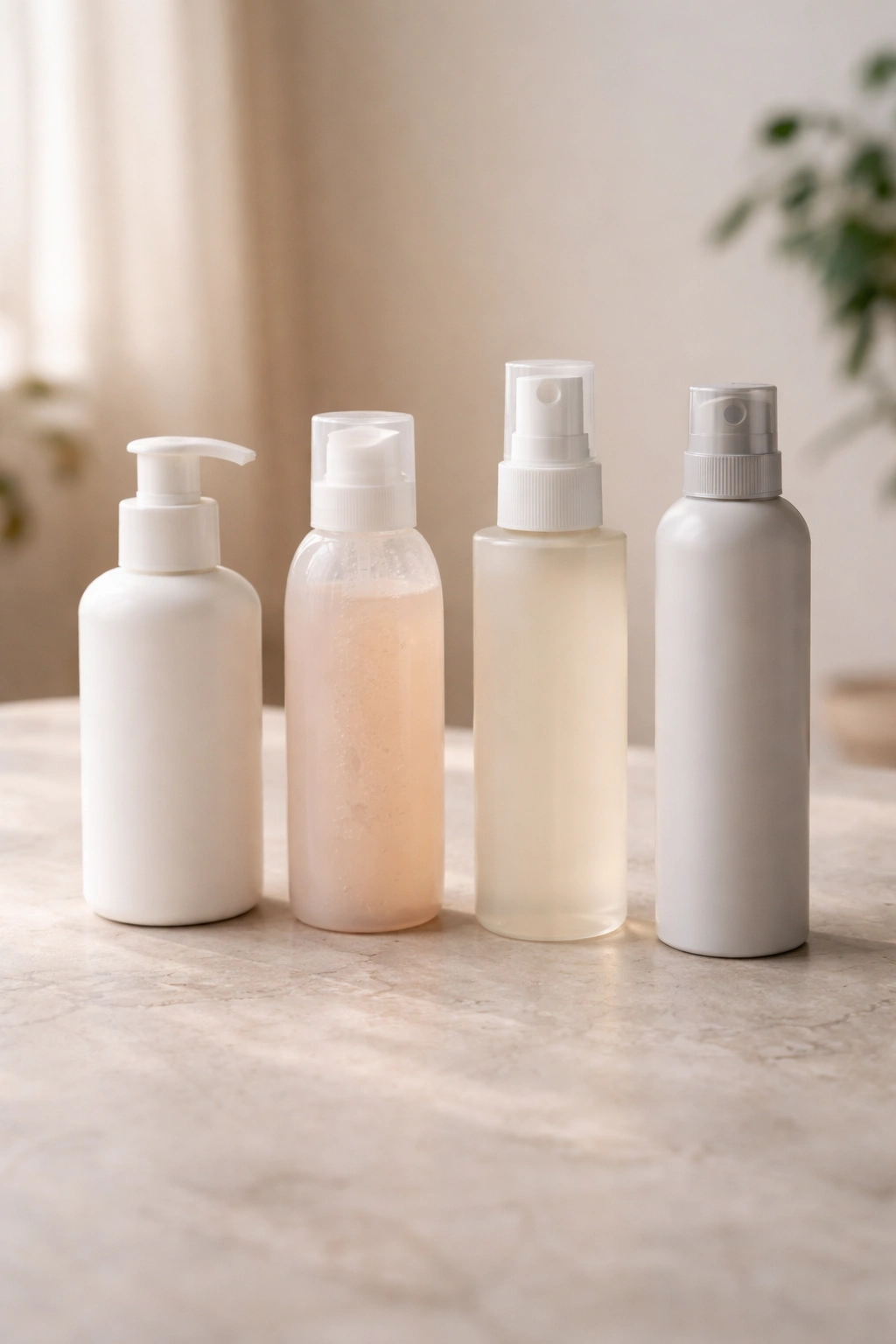 Four unlabeled hair product bottles arranged on a neutral surface, representing curl-defining cream, flexible gel, lightweight setting spray, and dry texturizing spray.