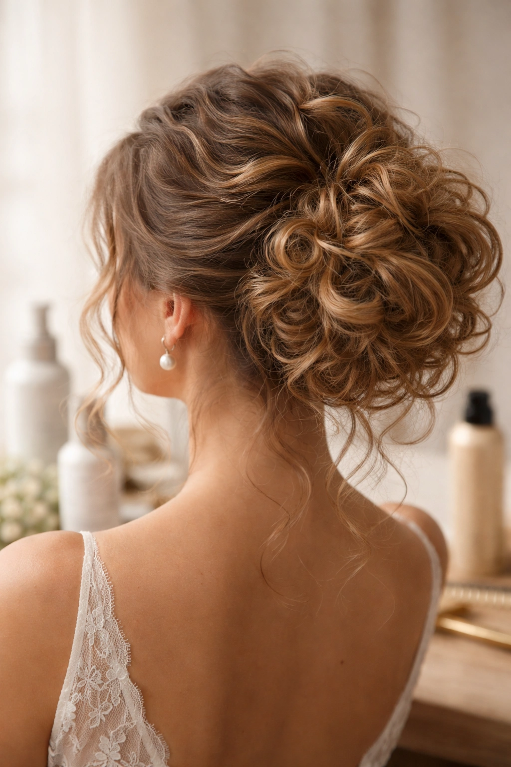 Curly wedding bun with subtle background product bottles