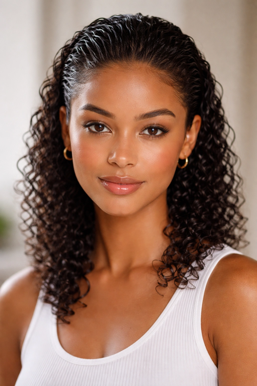 Curl defining gel with curls slicked back showing definition and shine