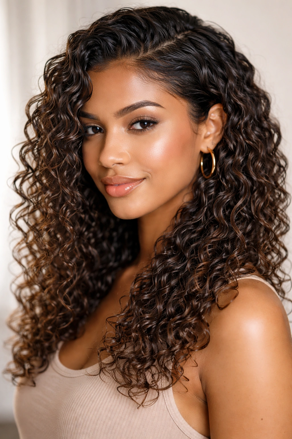 Damp curls with defined clumps created by sweeping product