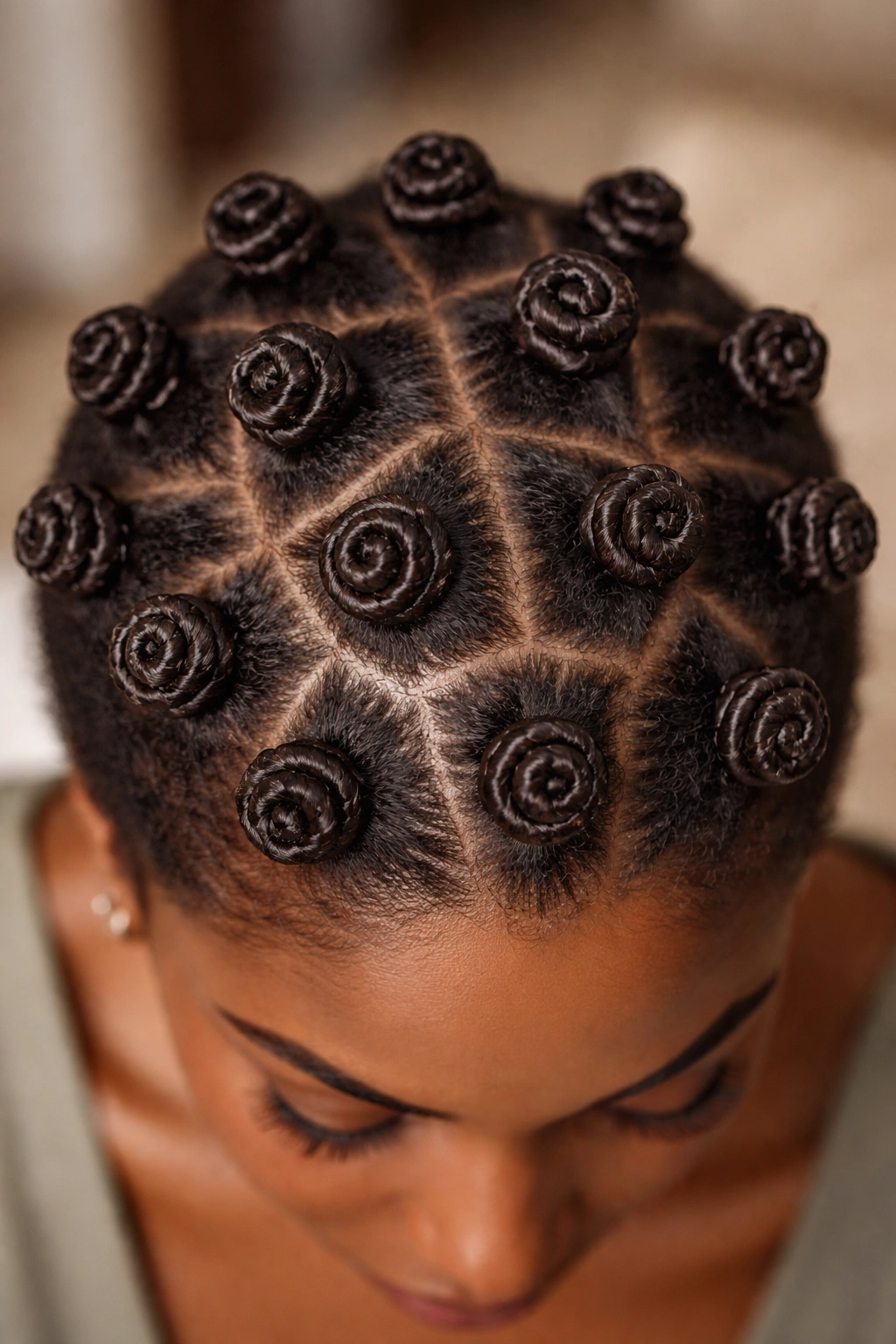 Top view of defined curl knots arranged in a circular pattern on a small afro