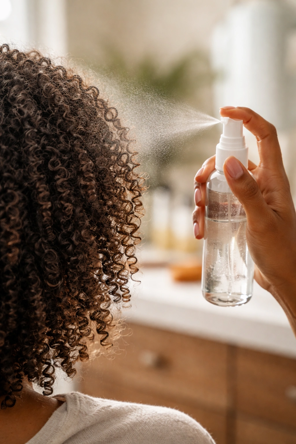 Close-up of curly hair being misted to refresh definition for Afro-textured hair