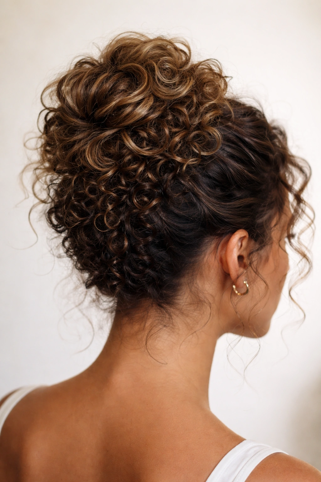 Close-up of a curly bun displaying varied curl textures