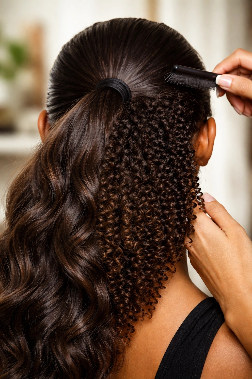 Close-up of head showing loose waves, defined curls, and tight coils for styling tips