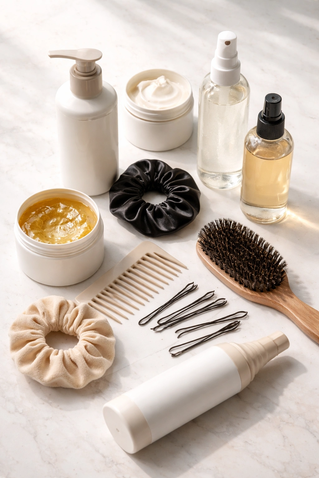 Overhead view of curl specific products and tools with blank labels on a clean surface