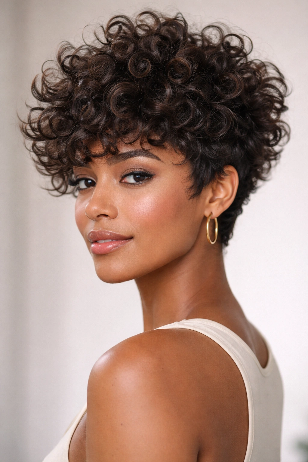 Portrait showing stacked curl layers at the crown creating height and volume