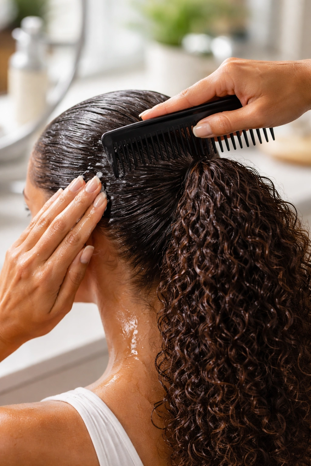 Close-up of hands applying gel to damp curls and smoothing into a ponytail with a wide-tooth comb