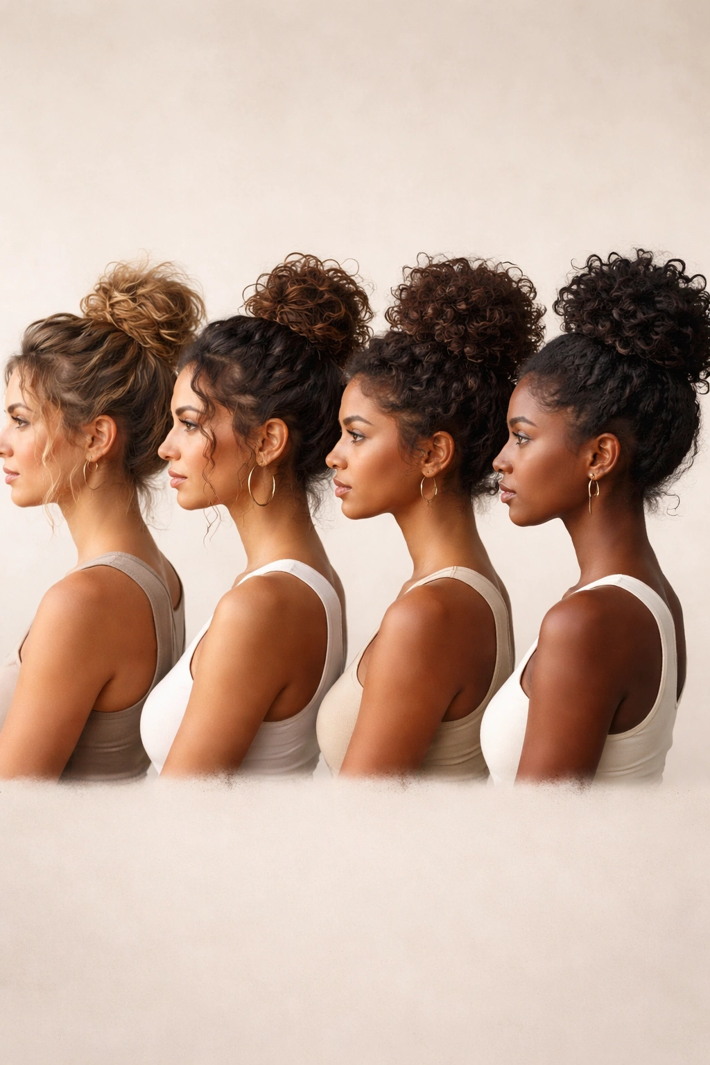 Row of four heads showing different curl textures with buns
