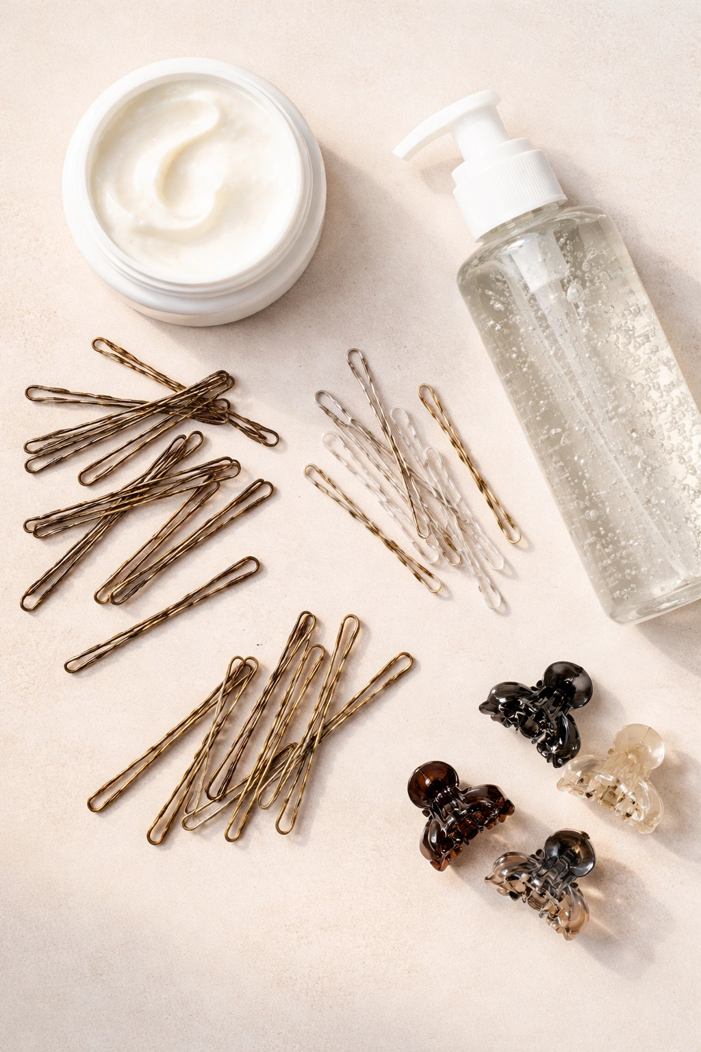 Flat lay of bobby pins, clips, and lightweight products for curly updos