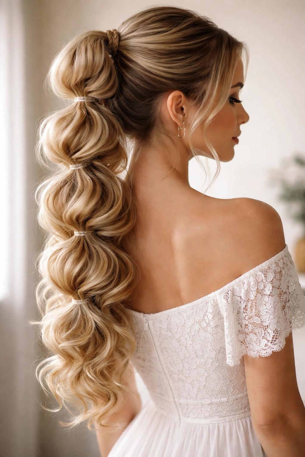 Bubble braid ponytail with curls along its length