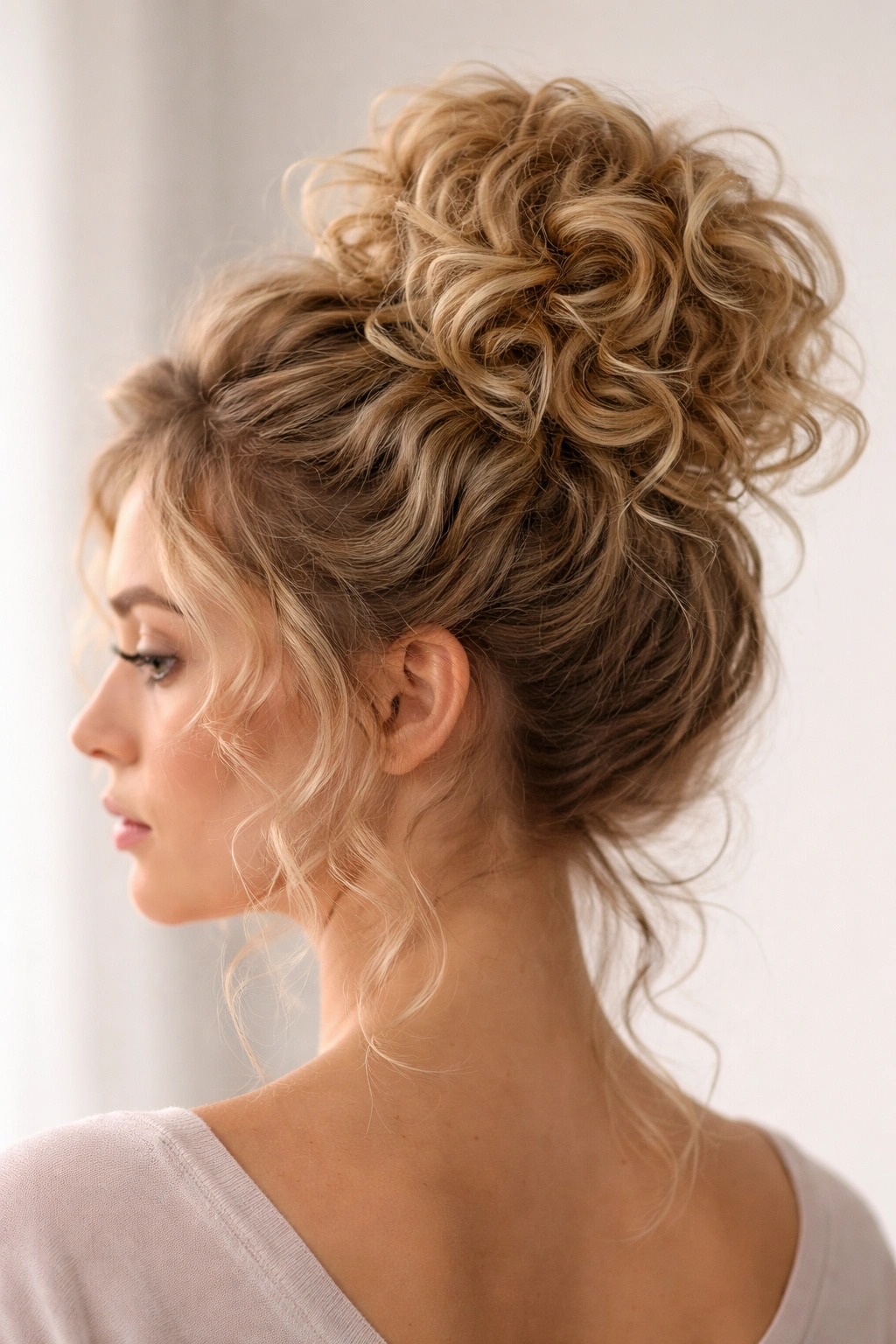 Tight curls styled into a voluminous crown bun.