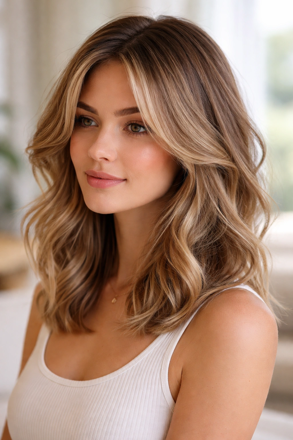 Curled curtain lob with face-framing layers and soft waves
