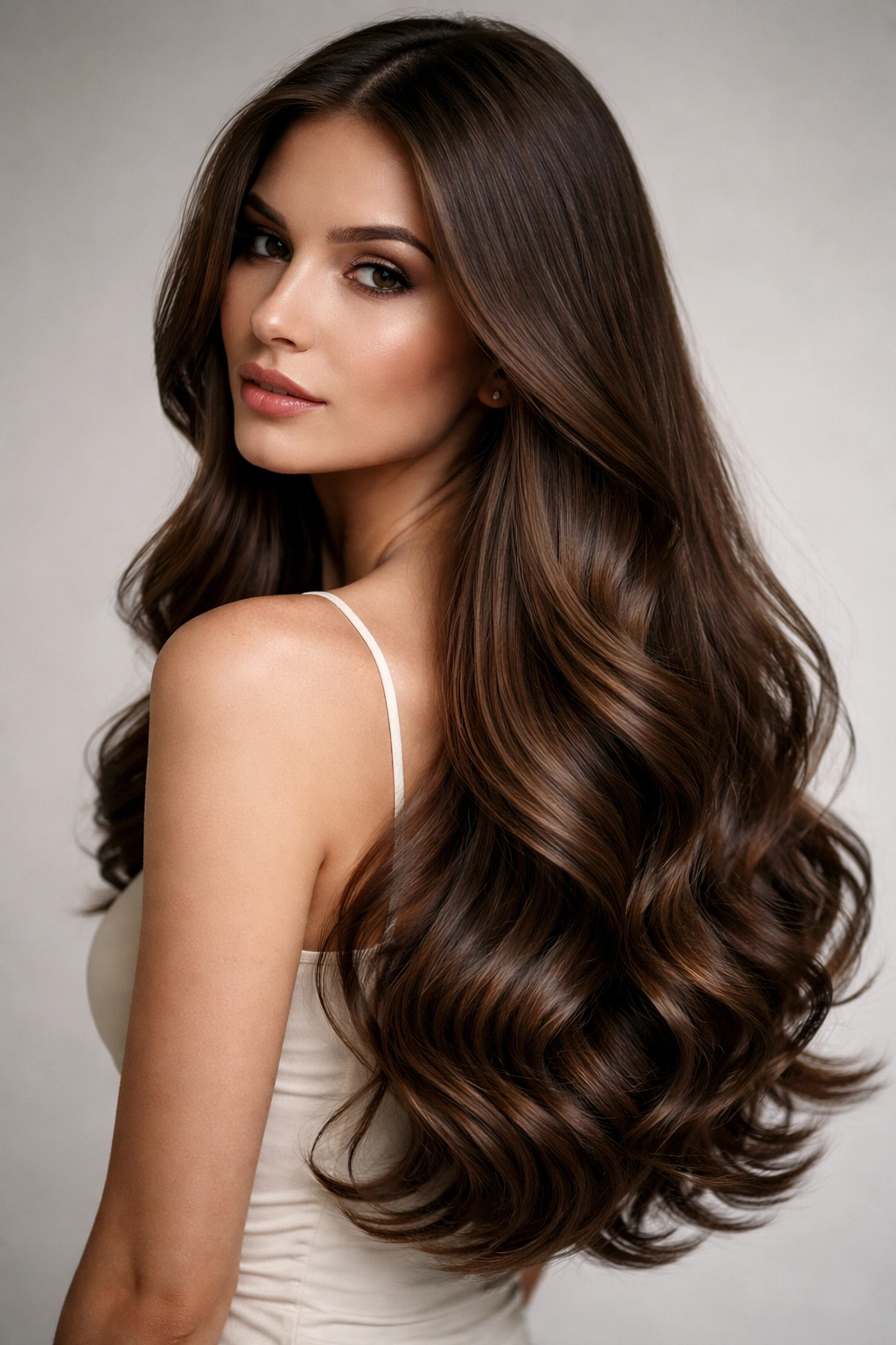 Close-up of long hair with smooth crown and curled ends catching light