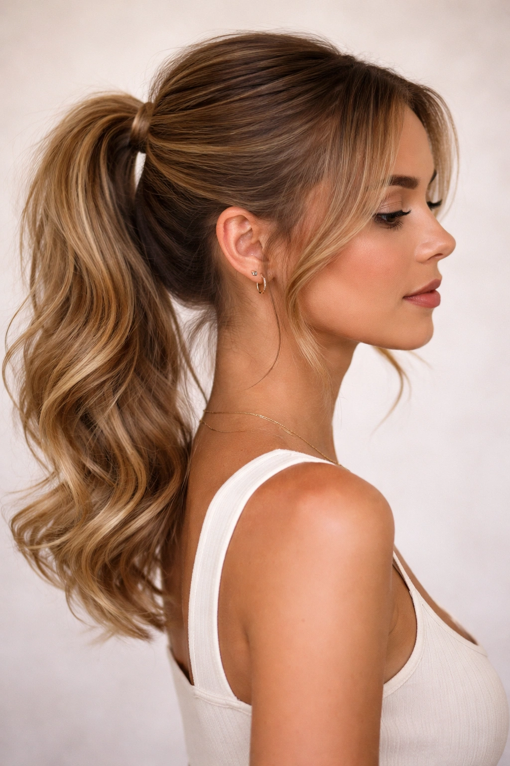 Side view of a ponytail with curled ends and soft waves