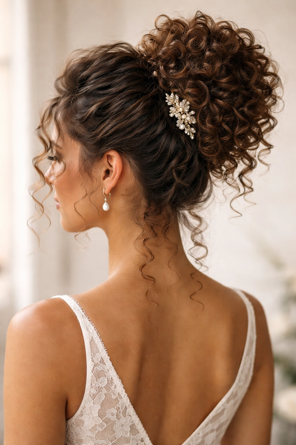 High, curled updo with a decorative clip securing curls