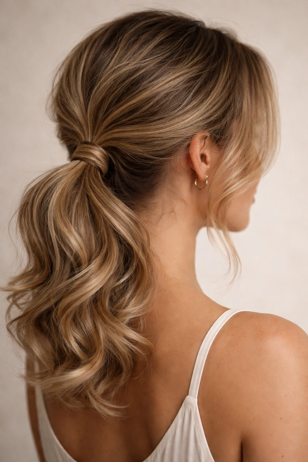 Low ponytail with outward-curled ends and soft crown texture