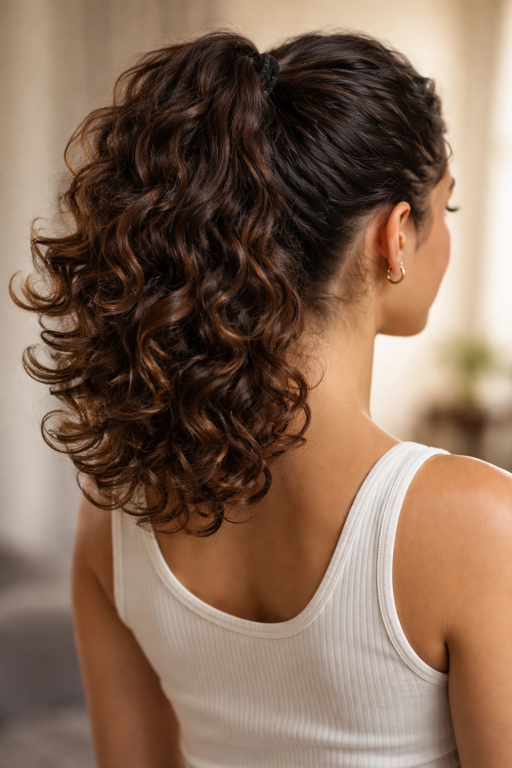 High ponytail with curled-out ends showing outward curls