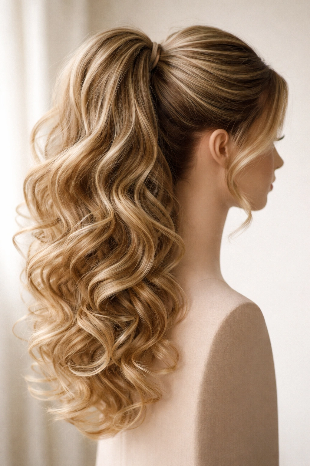 Close-up of voluminous curled faux ponytail on mannequin head