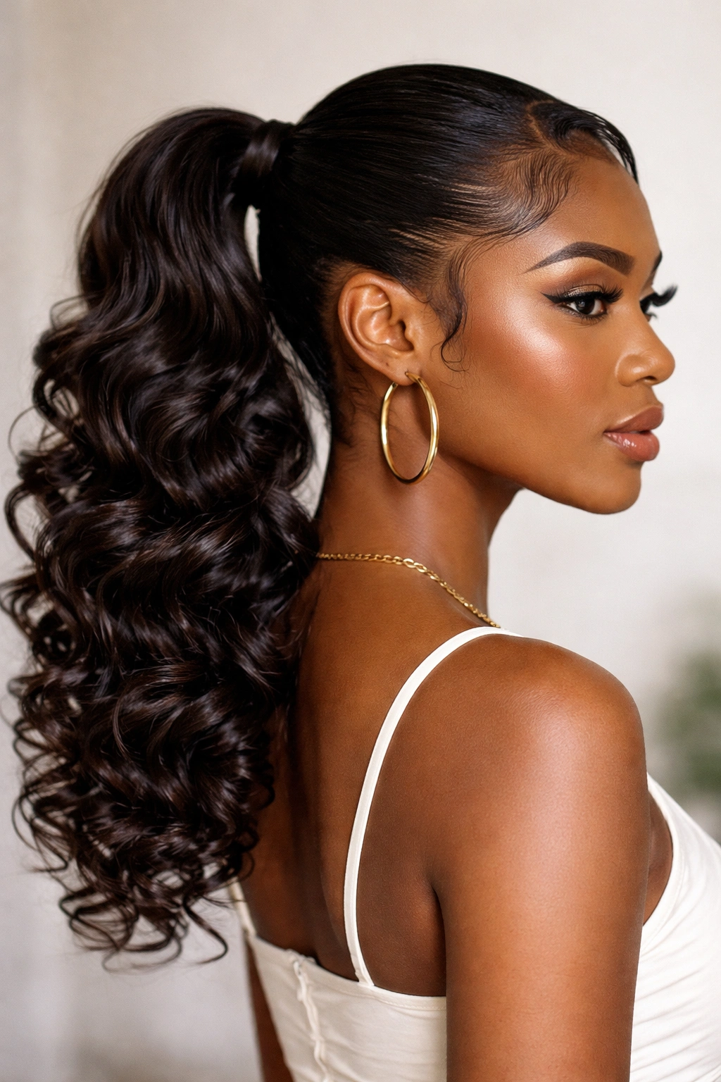Curled mid-height ponytail with defined curls along its length