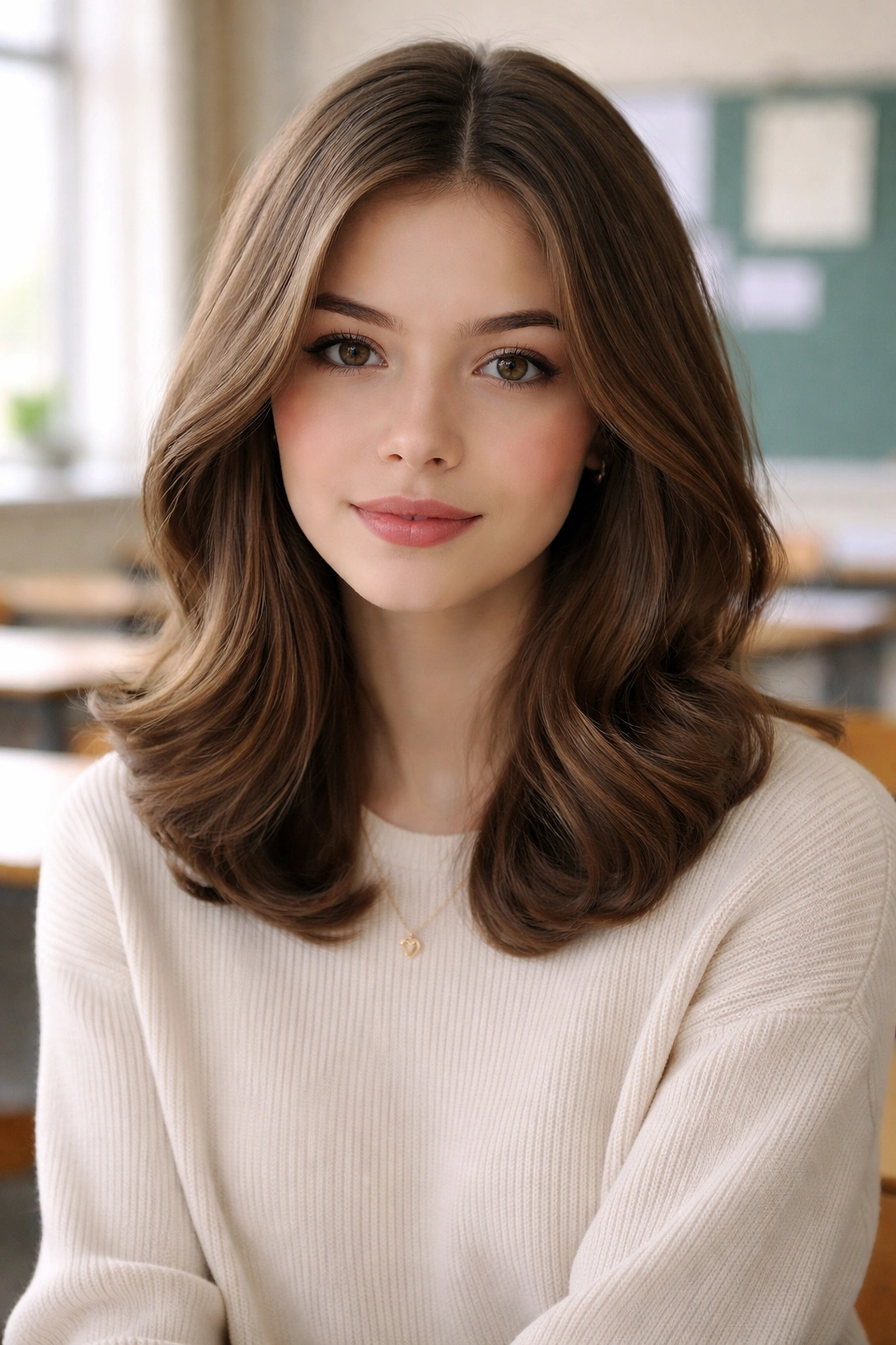 Close-up of a student with inward-curving curled-under waves framing the face