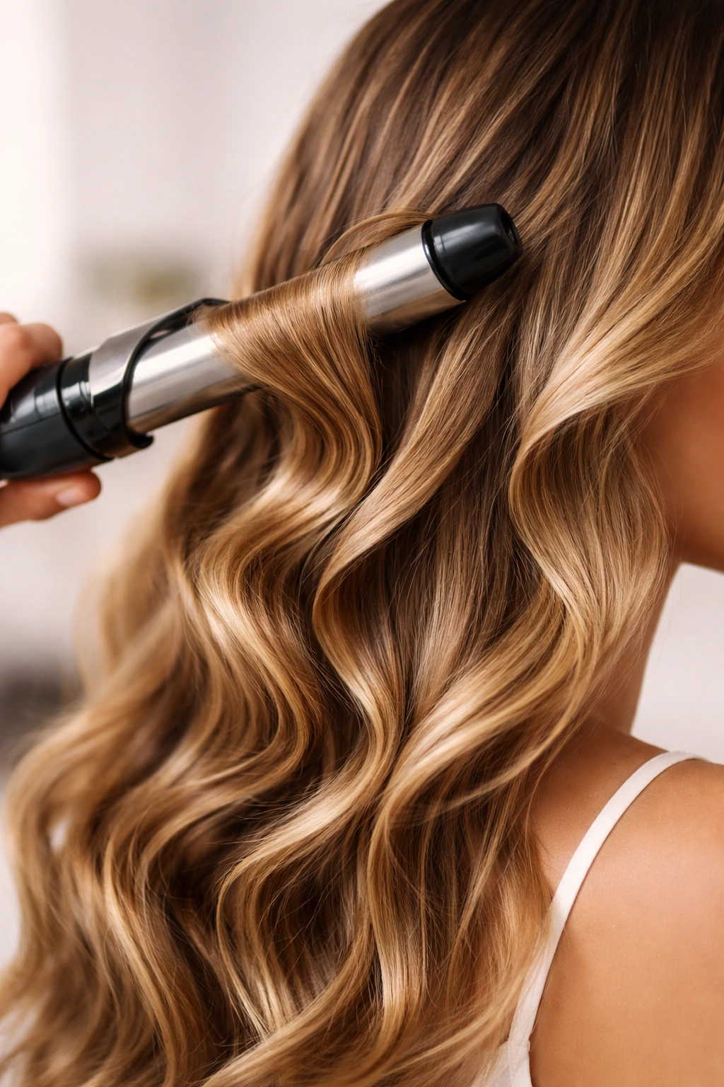 Close-up of glossy waves created with a curling iron on dry hair