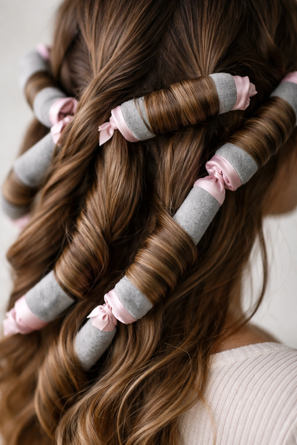 Hair wrapped on curling rods showing defined waves without heat