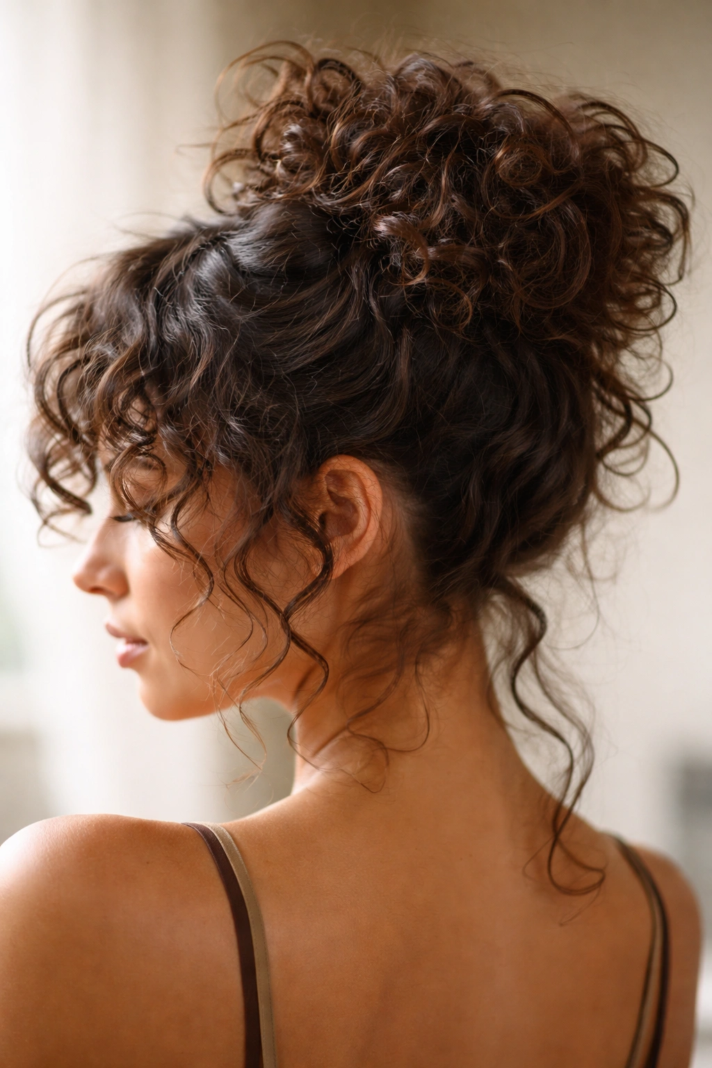 Glossy curls gathered into a loose bun against a plain background