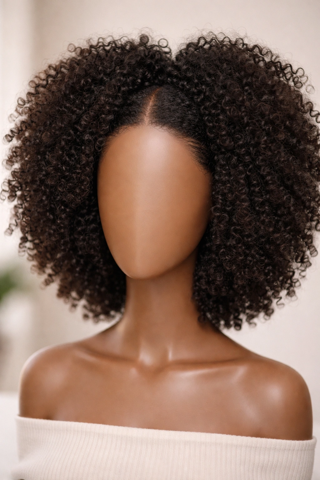 Close-up of curly afro wig on mannequin head showing natural leave-out space at the hairline