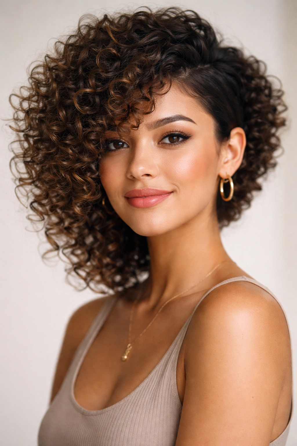 Close-up of an asymmetrical curly haircut with a longer side and a shorter side