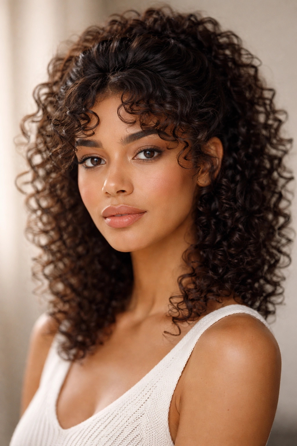 Portrait showing curly bangs swept back with face-framing curls