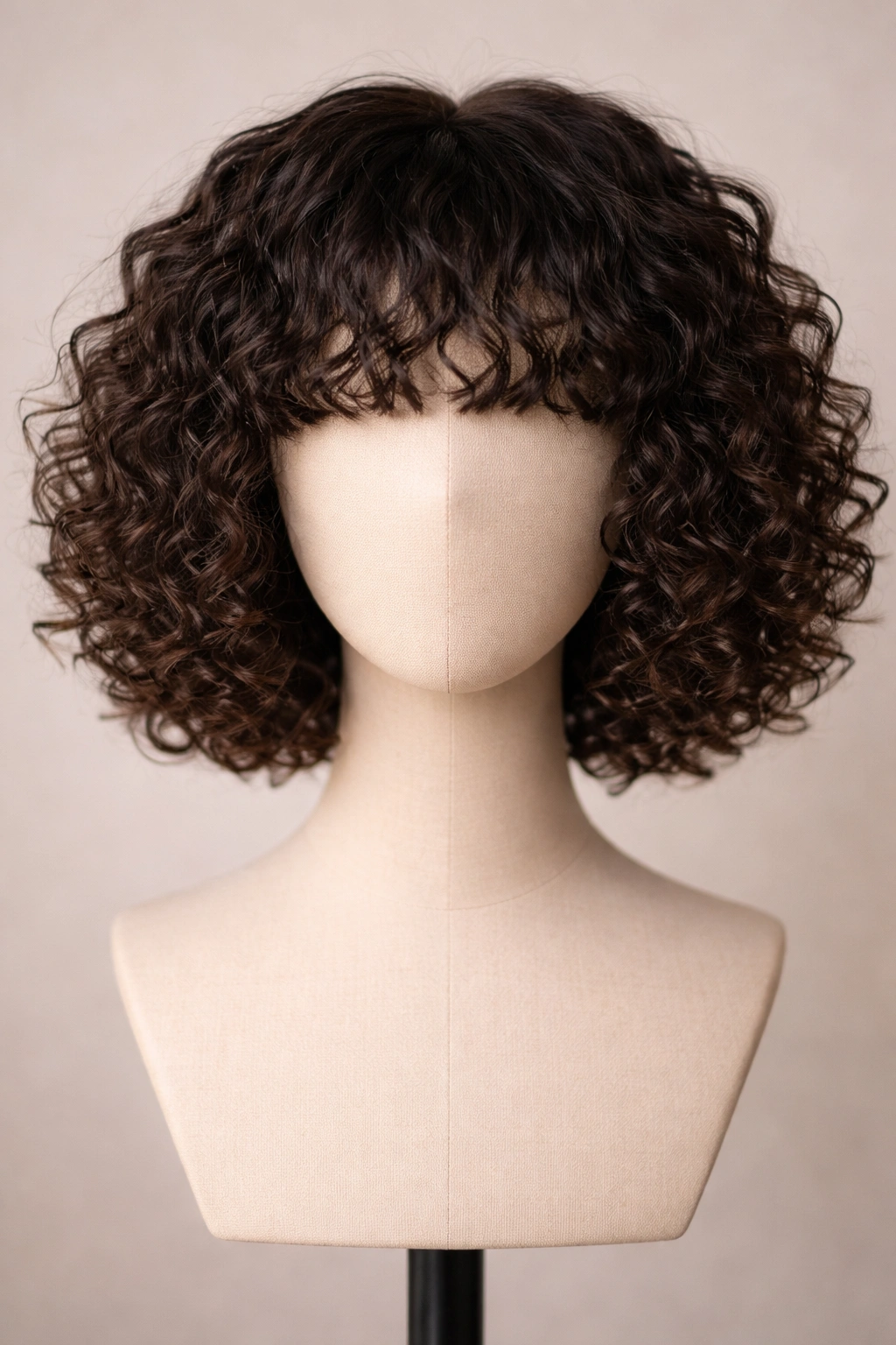 Close-up of curly bangs fringe bob wig on mannequin head with face-framing curls