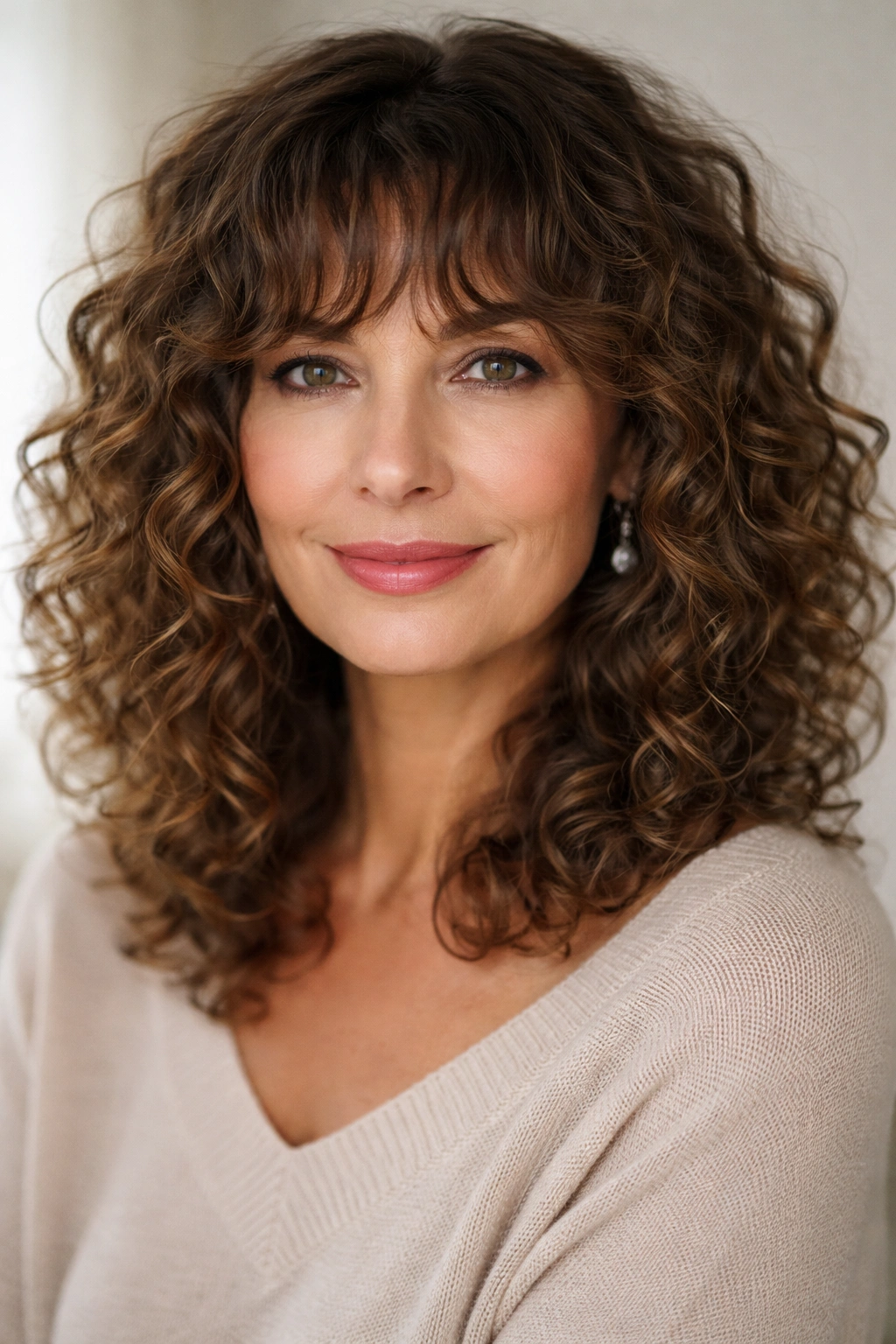 Portrait of a mature woman with curly bangs and medium-length curls