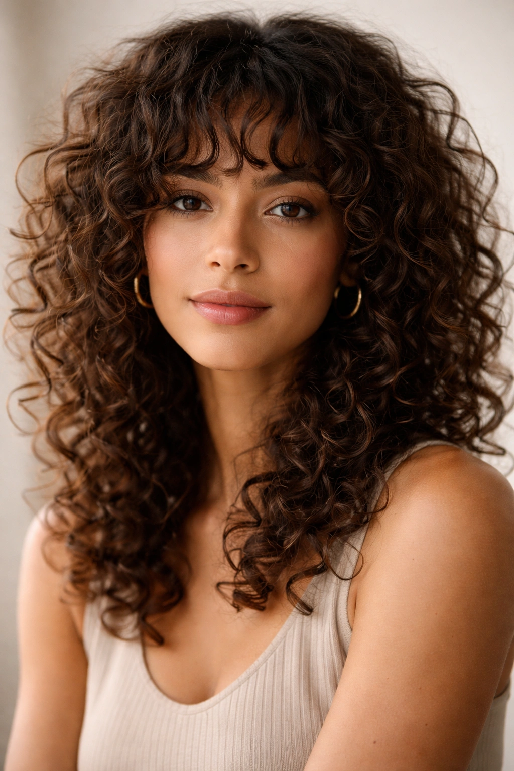 Close-up portrait of a person with curly hair and bangs in a studio setting with soft lighting