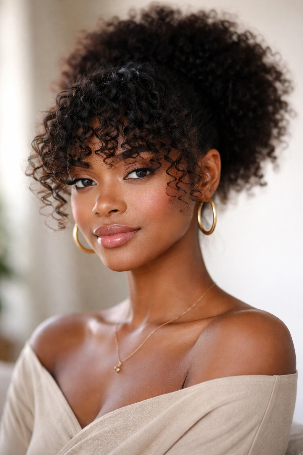 Front-facing Curly Bang Puff with curly bangs framing the face
