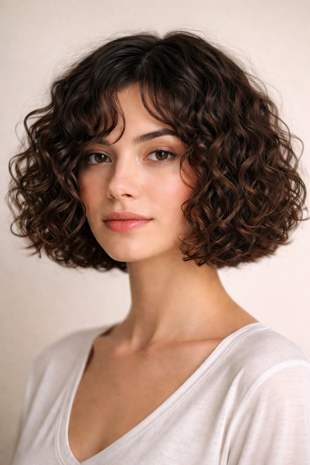 Straight-on view of curly blunt bob with crisp chin-length edge