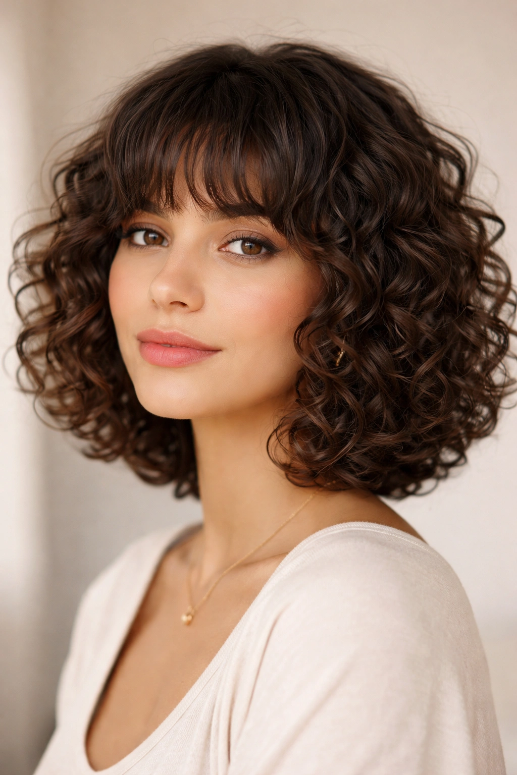 Curly bob with textured bangs showing defined curls