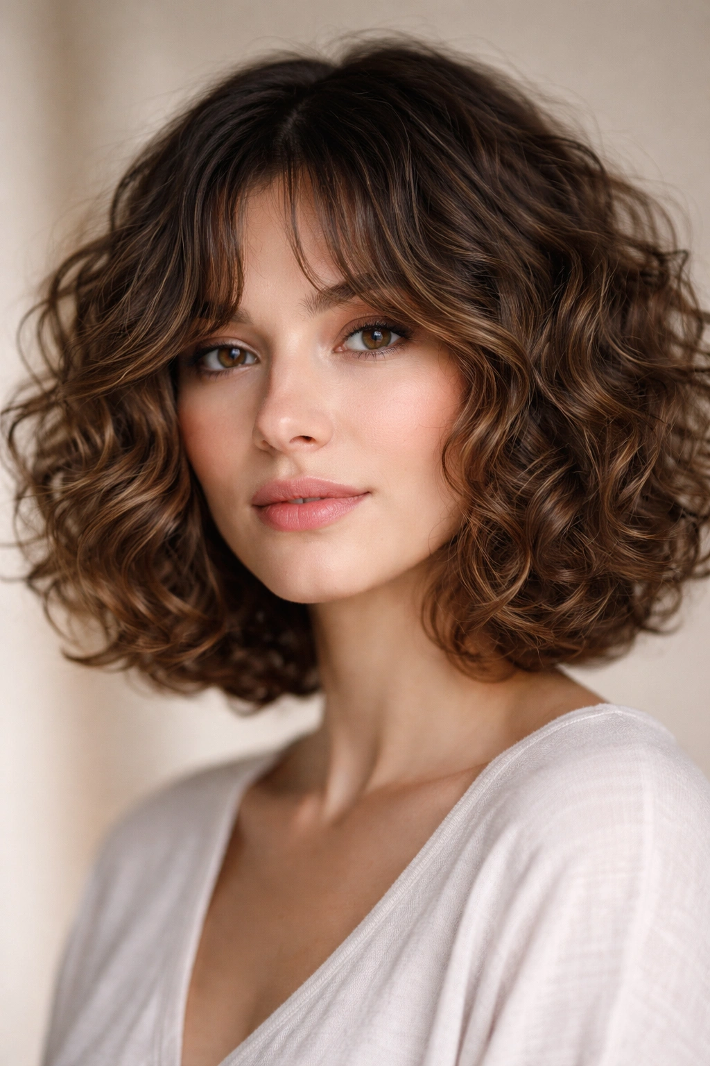 Curly Bob with curtain bangs framing the face in a soft, textured look