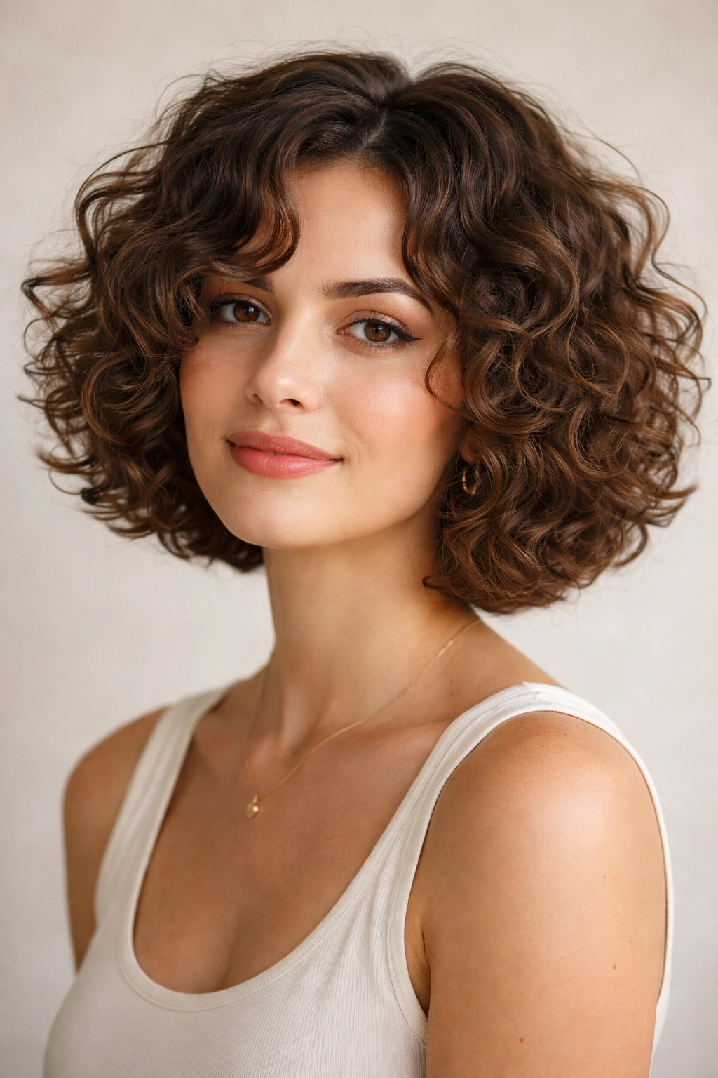 Portrait of a curly bob hairstyle with reverse layering