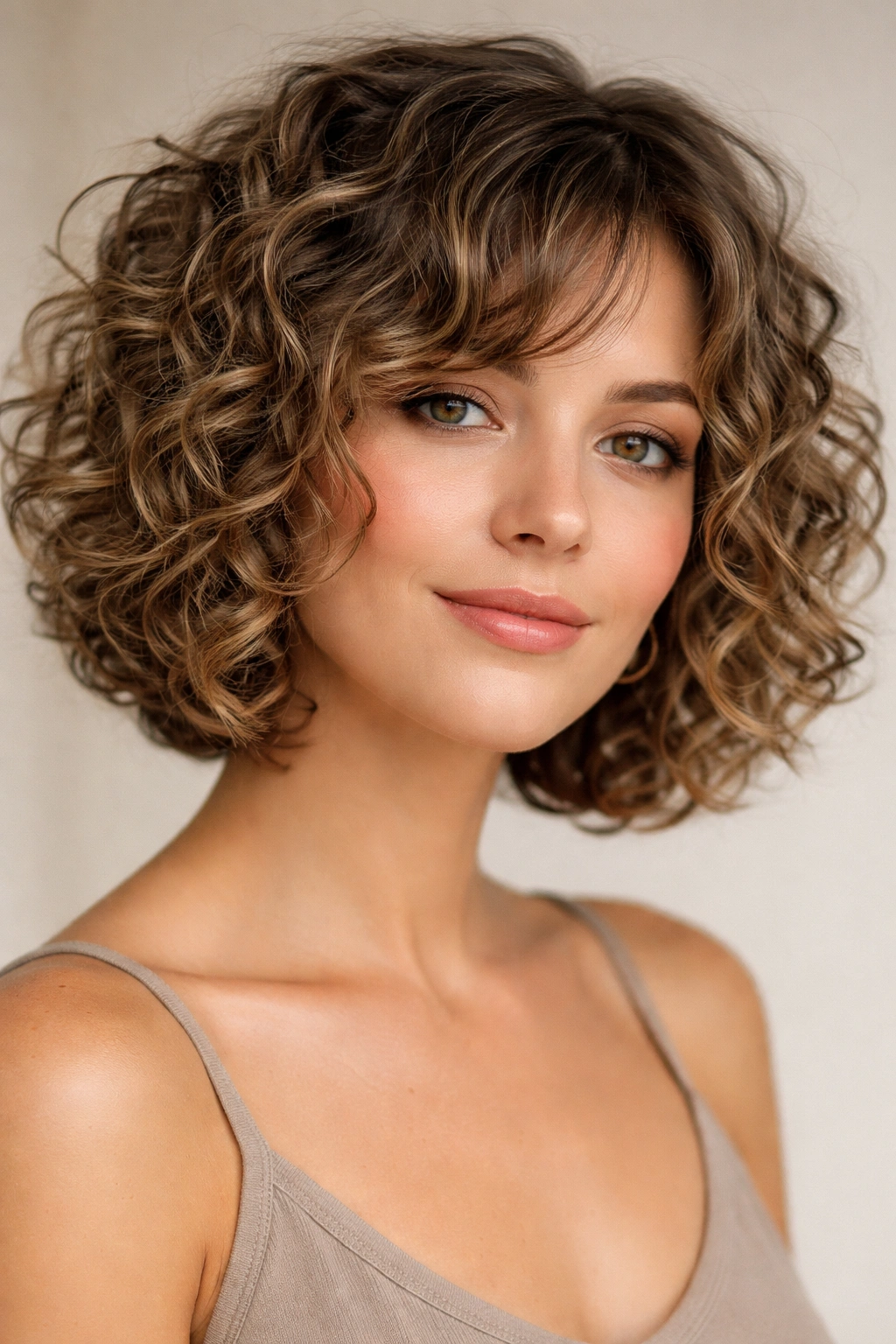 Close-up of a chin-length curly bob with layered curls